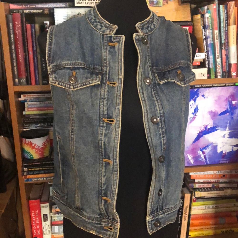 Free People Lace Up Back Denim Best with Band Collar